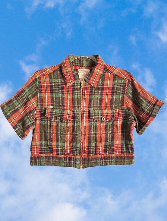 Vintage Tops - 🧡1970's Cropped Plaid Textured Zip Rolled Sleeves Orange & Olive Rare Top🧡